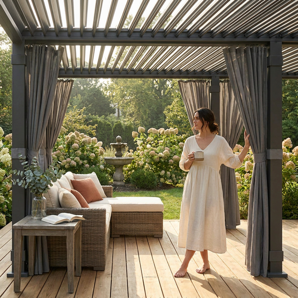 Aluminum Pergola Built for Adjustable Shade, 12x20 Louvered Roof, Waterproof Curtains, Dark Grey Frame