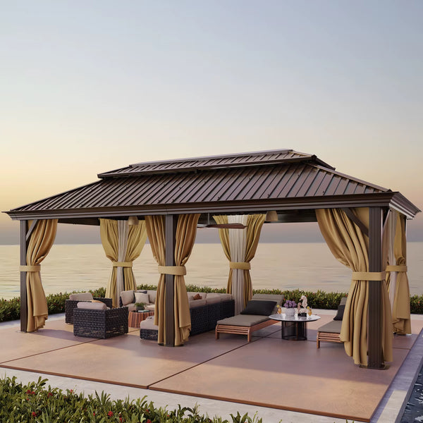 12×20 Hardtop Gazebo with Metal Roof, Heavy Duty Galvanized Steel Gazebo with Reinforced Aluminum Frame, Flame-Resistant Curtain